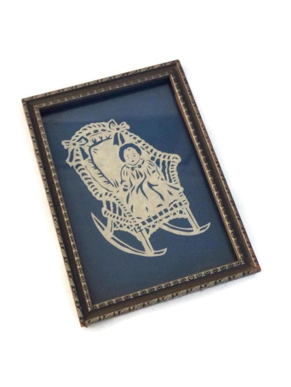 Vintage Framed Paper Art Cutout Baby in a Rocking Chair Paper Art Silhouette